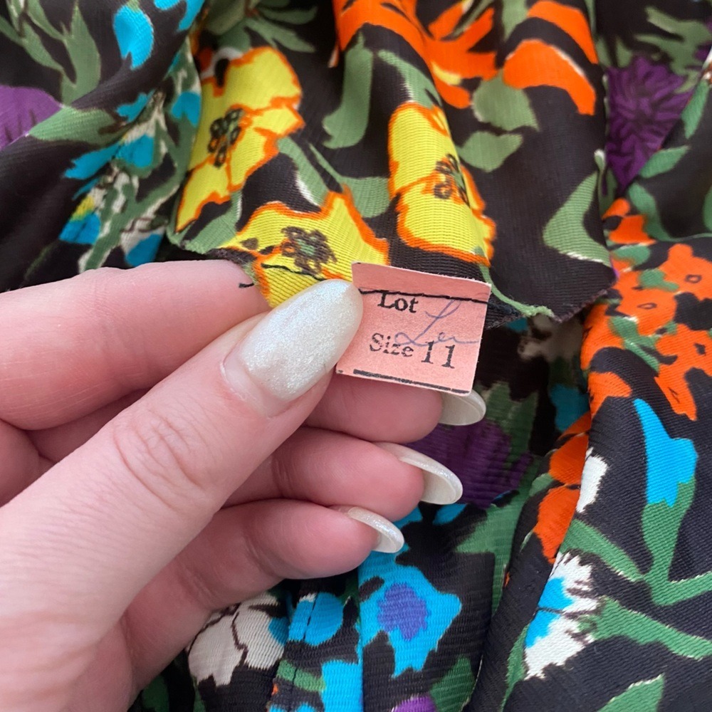 Vintage 70s Retro Dark Floral Button Front Long Sleeve Mini Dress Orange Blue - Picture 9 of 16